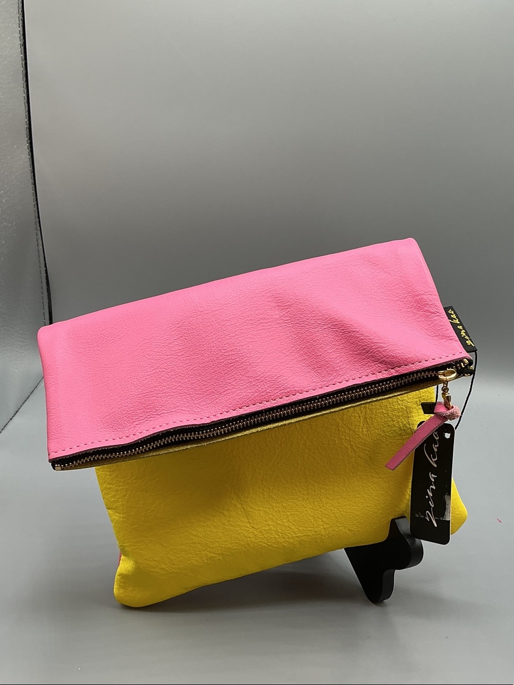 NWT Color Block Foldover Clutch Pink Yellow Statement Handbag